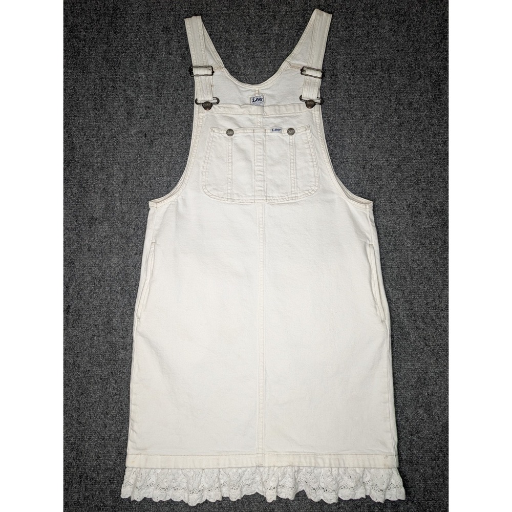 Vintage Lee Workwear Women's XS Overall Dress White Pockets Lace Trim‎ Bottom